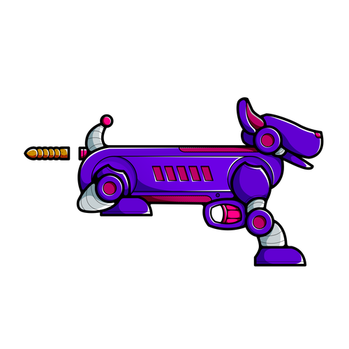 Toy artwork with the title '"Poop" Shooting Dog Nerf Gun'