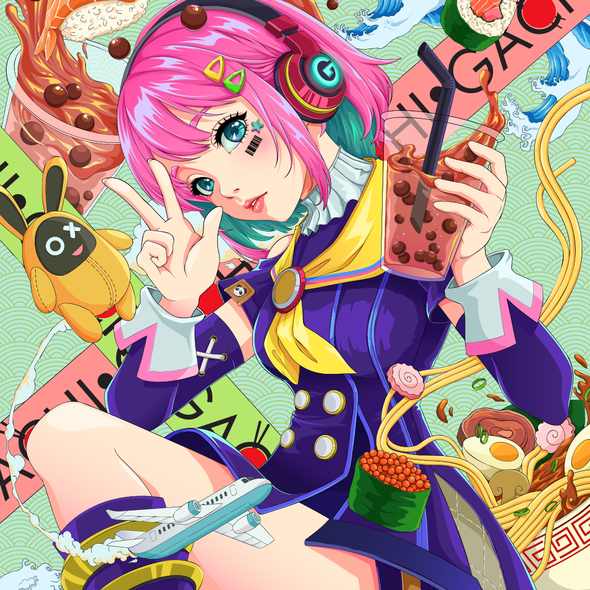 Anime artwork with the title 'Mural Illustration Terminal C: Gachi Sushi & Nooodles Restaurant'