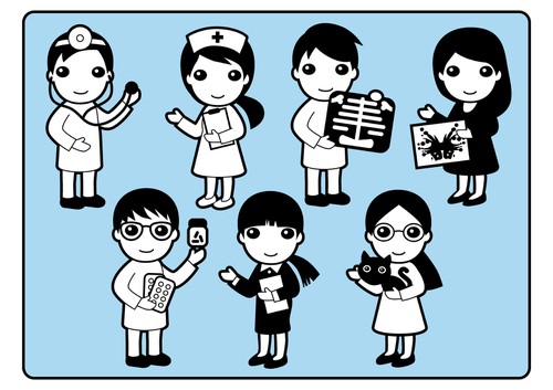 Japanese artwork with the title 'Design a cartoon character set of hospital staff for the Japanese market'