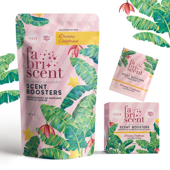Tropical packaging with the title 'Packaging design for In-wash laundry Scent Boosters set'
