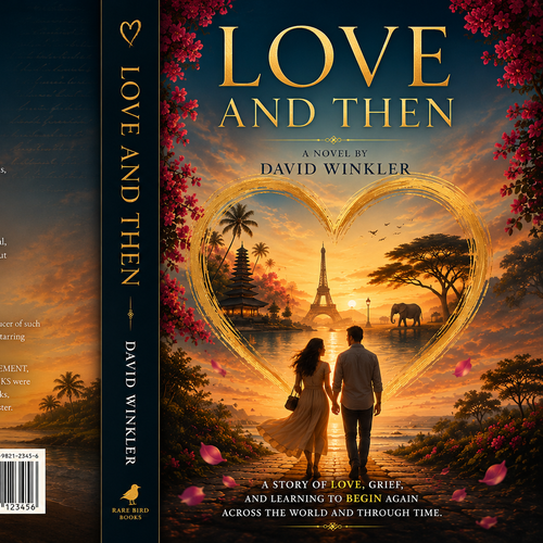 Travel book cover with the title 'Love And Then | Literary Romance Novel Cover'