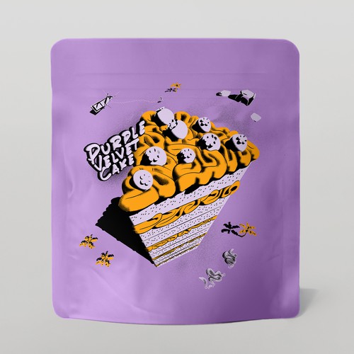 Packaging illustration with the title 'Purple Valvet Cake'
