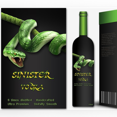 Liquor label with the title 'Sinister Vodka'