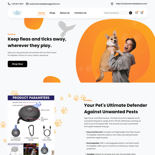 Pet shop design with the title 'Pet product website'