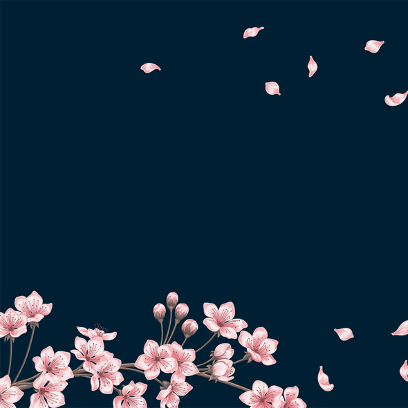 Spring design with the title 'Pink Flowers on Branch on a Navy Background'