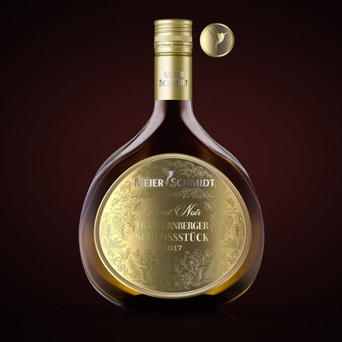 Gold foil label with the title 'WINERY MEIER-SCHMIDT | FRANCONIA | 1 LABEL | 3 SERIES'