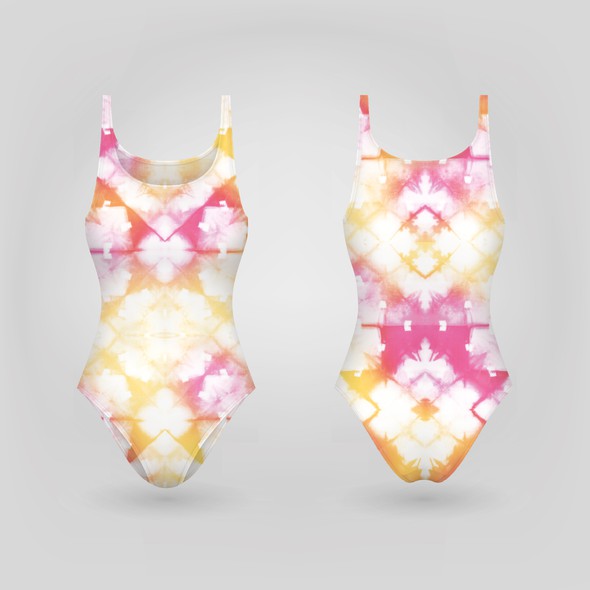 Swimsuit design with the title 'Seamless batik dye pattern. Based on original hand dyed shibori fabric.'