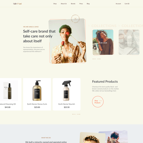 Cosmetics website with the title 'Main page design for the self-care brand'