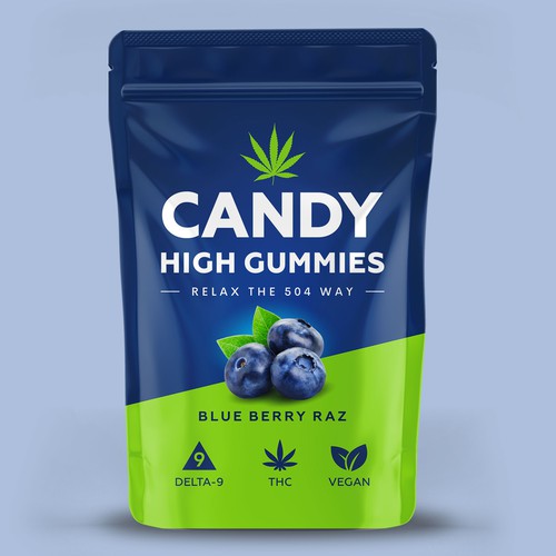 Cannabis packaging with the title 'Modern packaging design concept for Candy High Gummies'