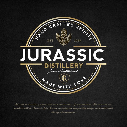 Gin logo with the title 'Jurassic Distillery'