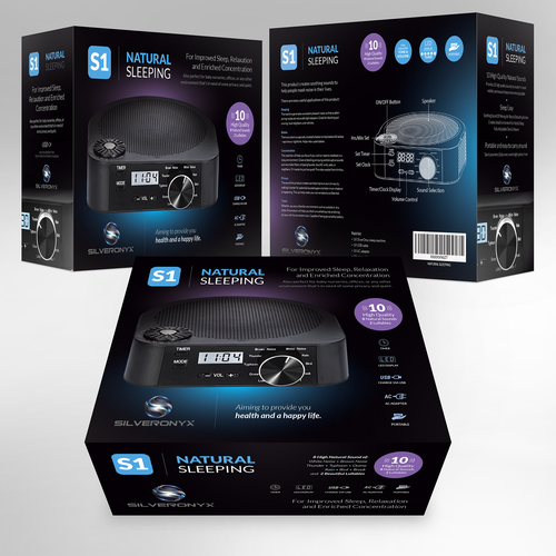 Blue packaging with the title 'White noise black box design'