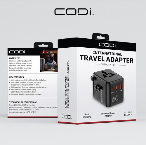 Travel packaging with the title 'Premium Retail Box Design for CODi International Travel Adapter'