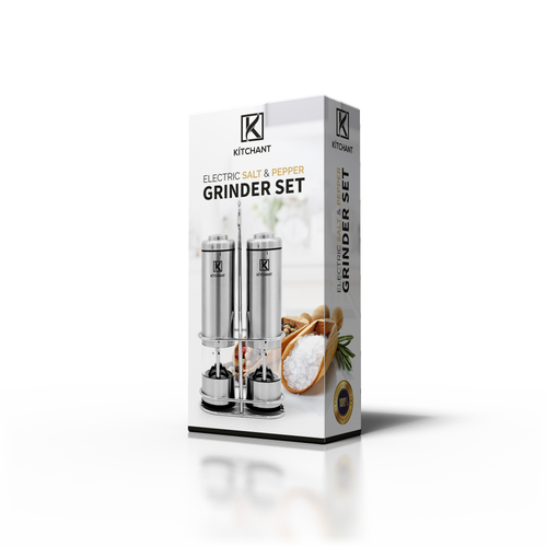 Kitchen packaging with the title 'Salt & Pepper Grinder Packaging Design for Debut Product!'