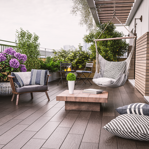 Deck design with the title '3D Rendering of a balcony'