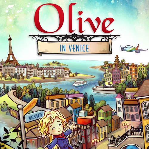 Children's book artwork with the title 'Olive in Venice'