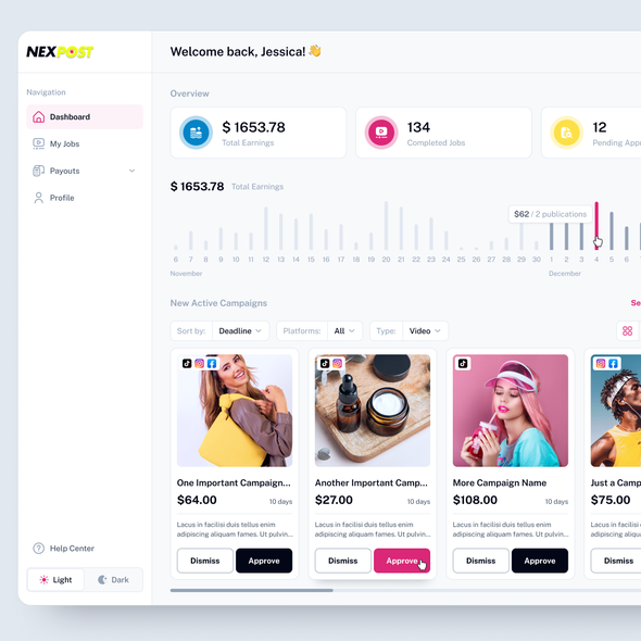 Dashboard website with the title 'Design a Modern Gig-Worker App Connecting Creators and Brands for Marketing Campaigns'