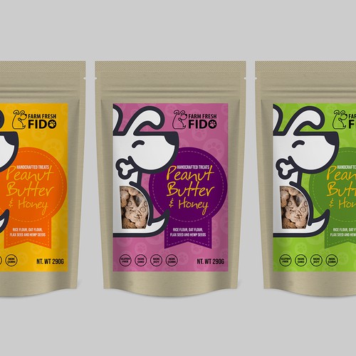 Farm packaging with the title 'dog treat company .healthy, small batch dog treats Pouch design'