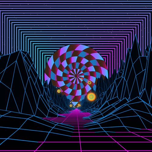 Synthwave design with the title 'Geometry Eye Candy'