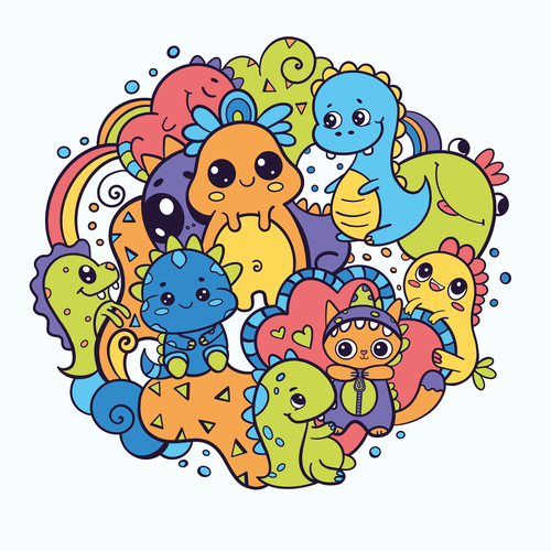 Character t-shirt with the title 'Rainbow dino-doodle T-shirt design'