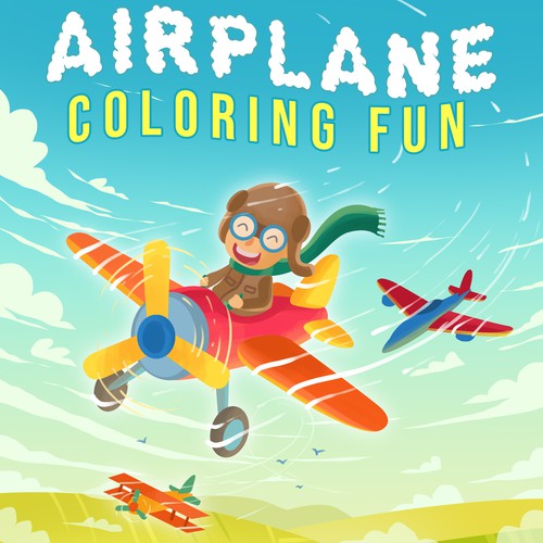 Whimsical artwork with the title 'Airplane coloring fun'