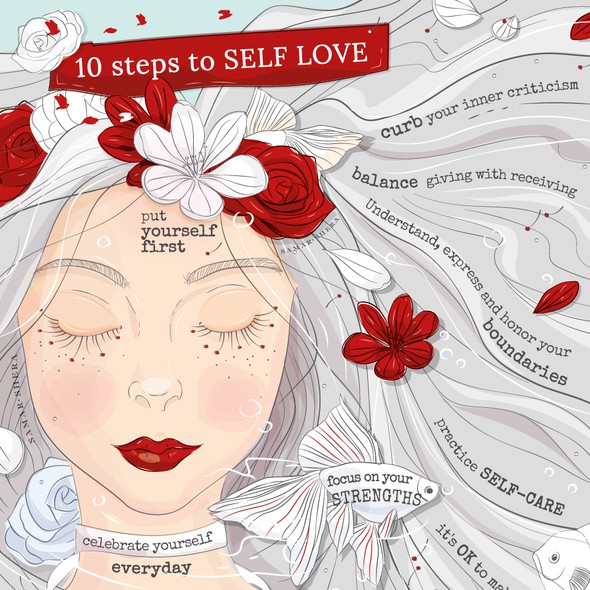 Red illustration with the title 'An inspirational illustration about 10 step to SELF LOVE'