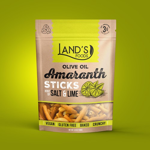 Eco-friendly packaging with the title 'Land's Amaranth Sticks'