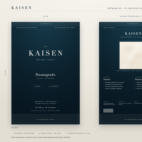 Restaurant packaging with the title 'Kaisen — dark menu, two pages'
