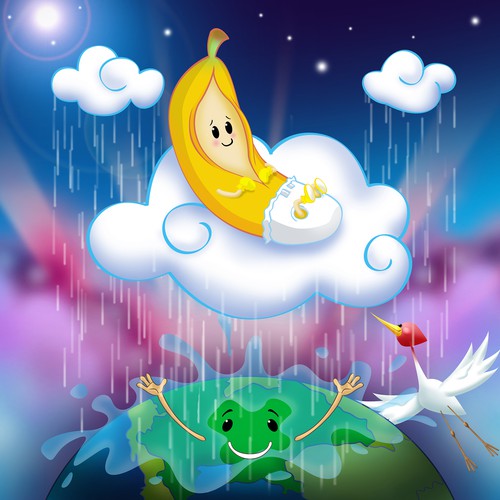 Cartoon character illustration with the title 'Poster contest of a banana and rain'
