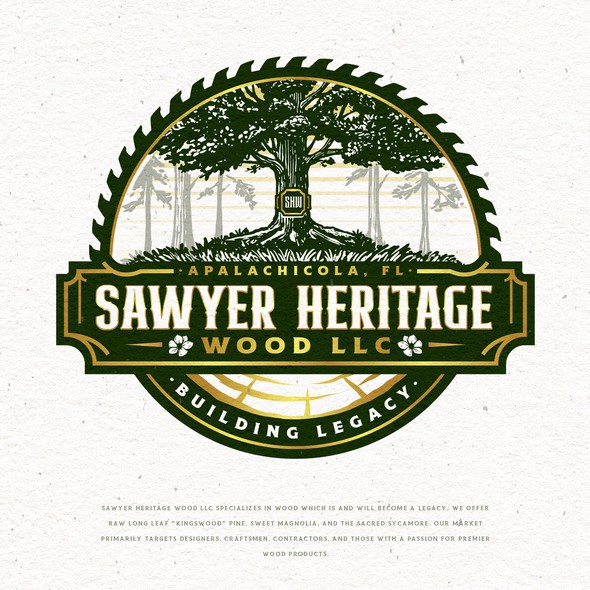 Saw blade design with the title 'Sawyer Heritage Wood LLC Logo'