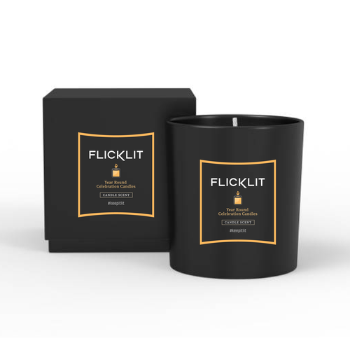 Candle packaging with the title 'Flicklit'