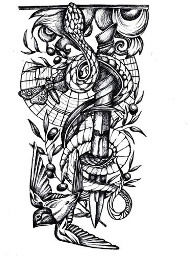 Snake illustration with the title 'Forearm Tattoo Layout'