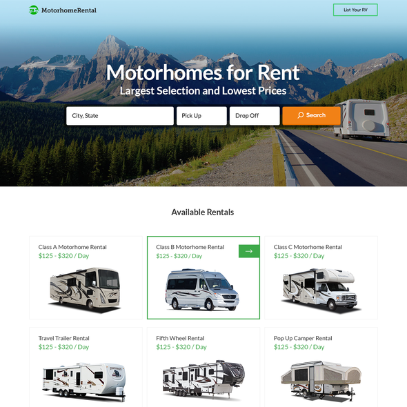 RV design with the title 'Website Design for Motorhome Rentals Website'