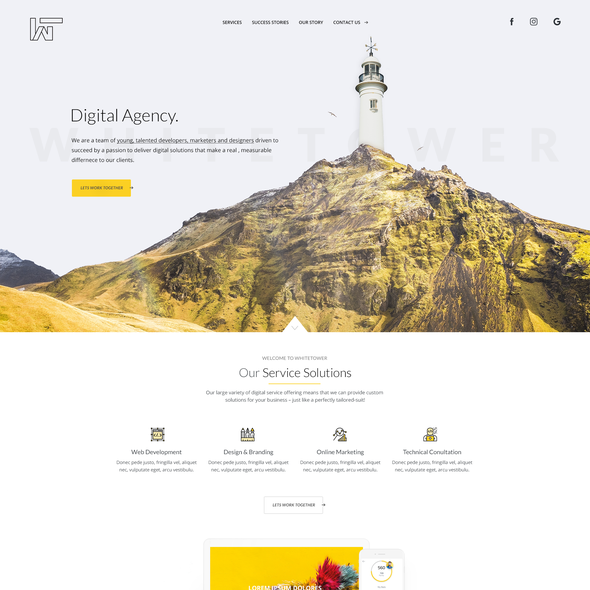 Yellow and black design with the title 'Website for Whitetower '