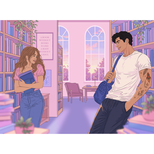 Artwork with the title 'Romance Book Cover Illustration – Library Scene'