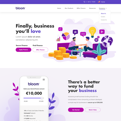 Finance website with the title 'Create the next fintech unicorn website'