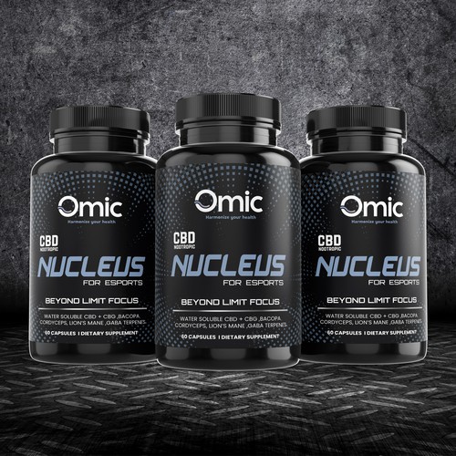 Metallic design with the title 'OMIC NUCLEAUS CBD FOR ESPORTS'