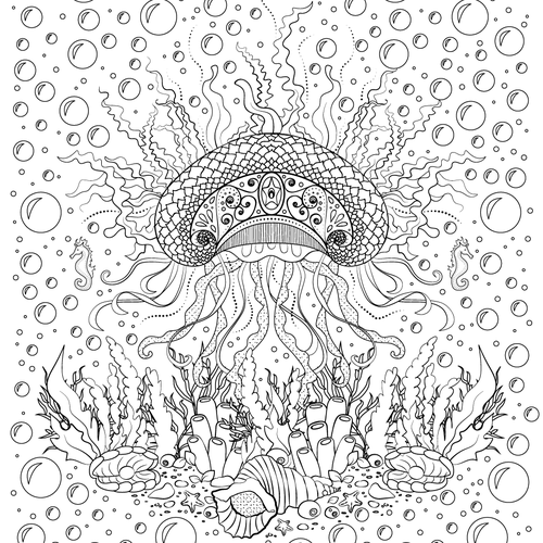 Jellyfish design with the title 'Underwater Jellyfish Mandala'