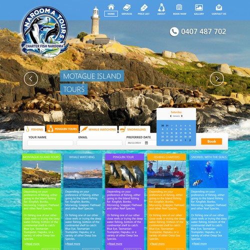 Travel website with the title 'Create a landing page for Narooma Tours & Charter Fish Narooma'