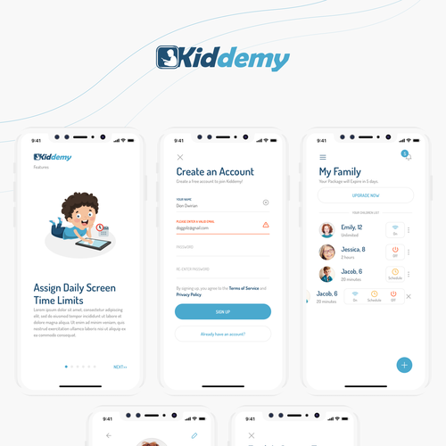 UI design with the title 'Kiddemy'