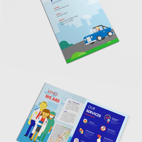 Vector art design with the title 'illustrative bifold brochure for PREMIER ER'