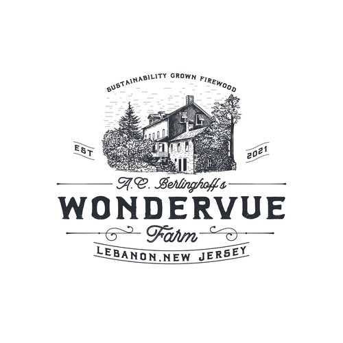 Farmhouse logo with the title 'Hand drawn logo for sustainable wood farm '