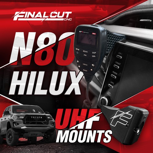 Mountain design with the title 'Final Cut CNC, N80 Hilux UHF mount advertisement'