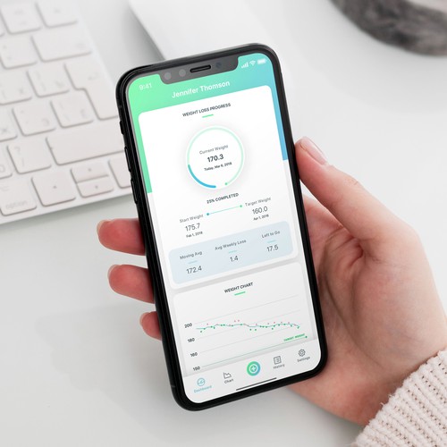 White and green design with the title 'Weight Tracker Mobile App Design'