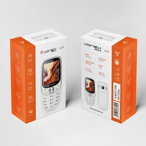 Phone packaging with the title 'Vonex mobile phone Packaging Design'