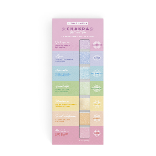 Unique packaging with the title 'CHAKRA Sugar Scrub Gift Set Box- Unique and Modern'