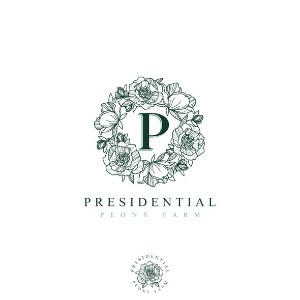 Flower wreath logo with the title 'Logo for Presidential Peony Farm'