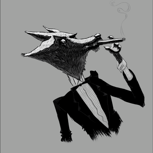 Coyote design with the title 'Character design for wine bottle'