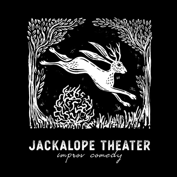 Artistic artwork with the title 'Linocut Jackalope Illustration/ Logo'