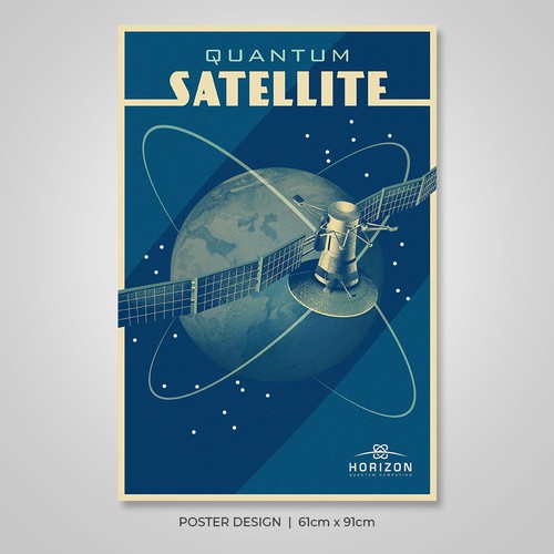 Satellite design with the title 'Vintage Poster for Horizon Quantum Computing'