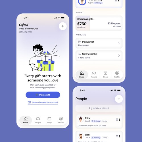UX design with the title 'Gift Planning App, Premium Mobile Product Design'